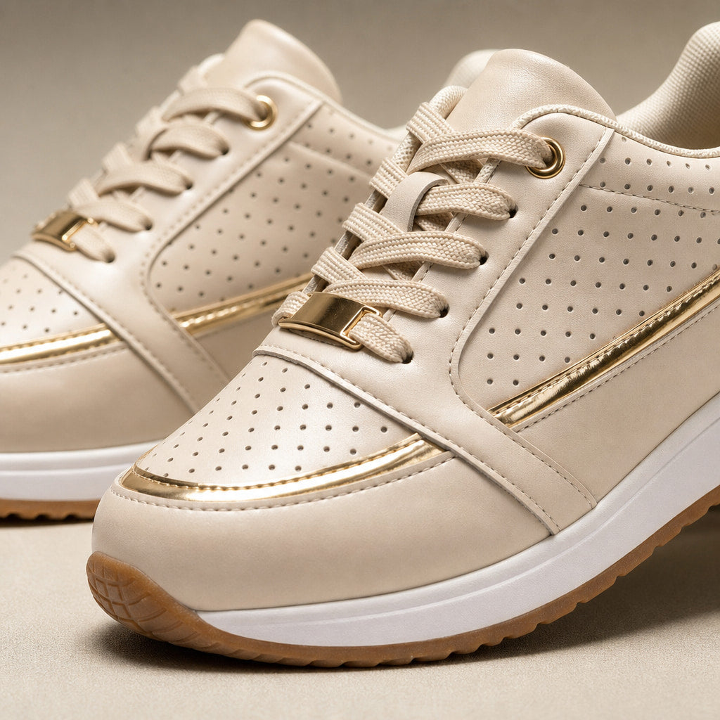 Perforated Metallic Trim Low-top Walking Sneakers For Women Beige – Fabric and Detail Close-Up