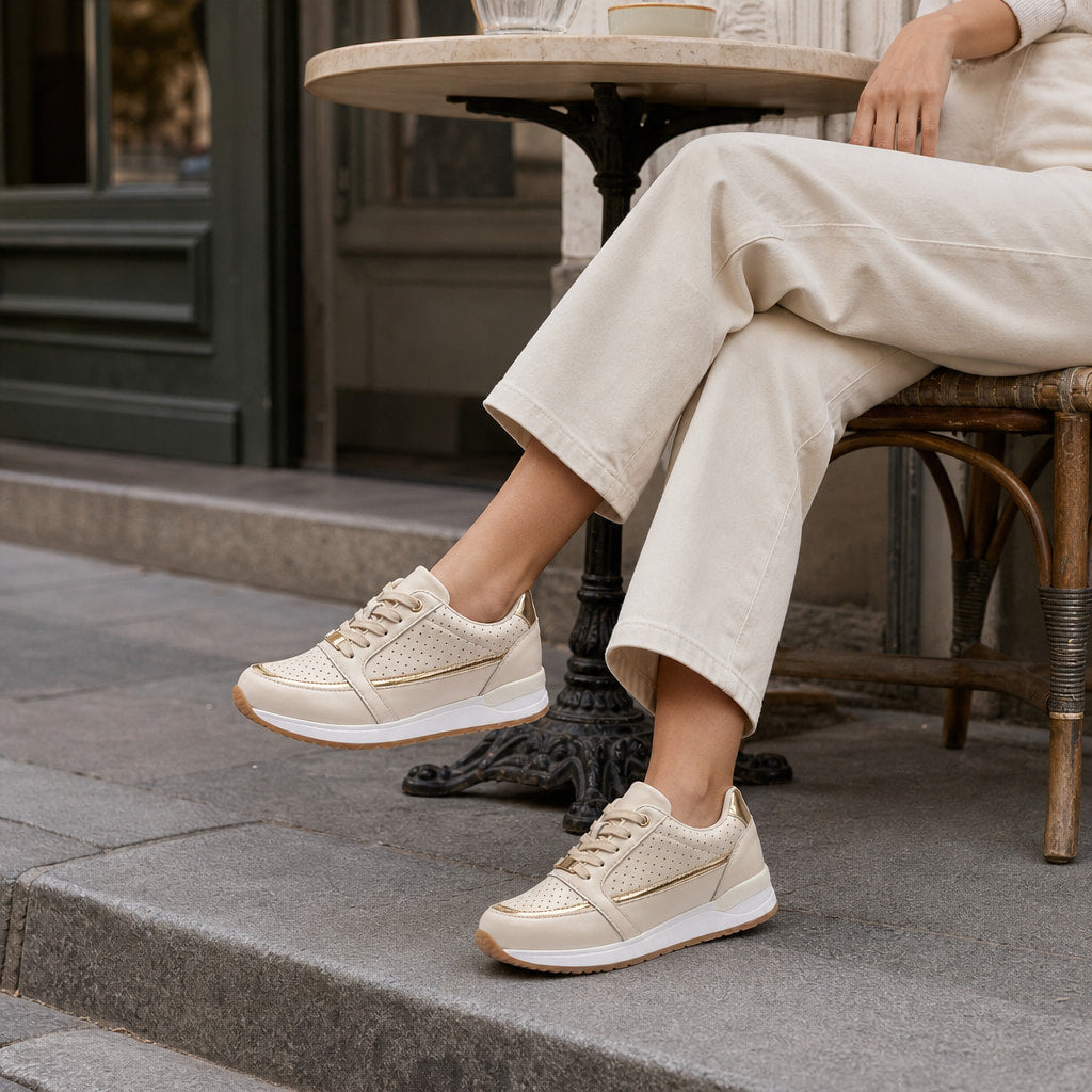 Perforated Metallic Trim Low-top Walking Sneakers For Women Beige – Full Look