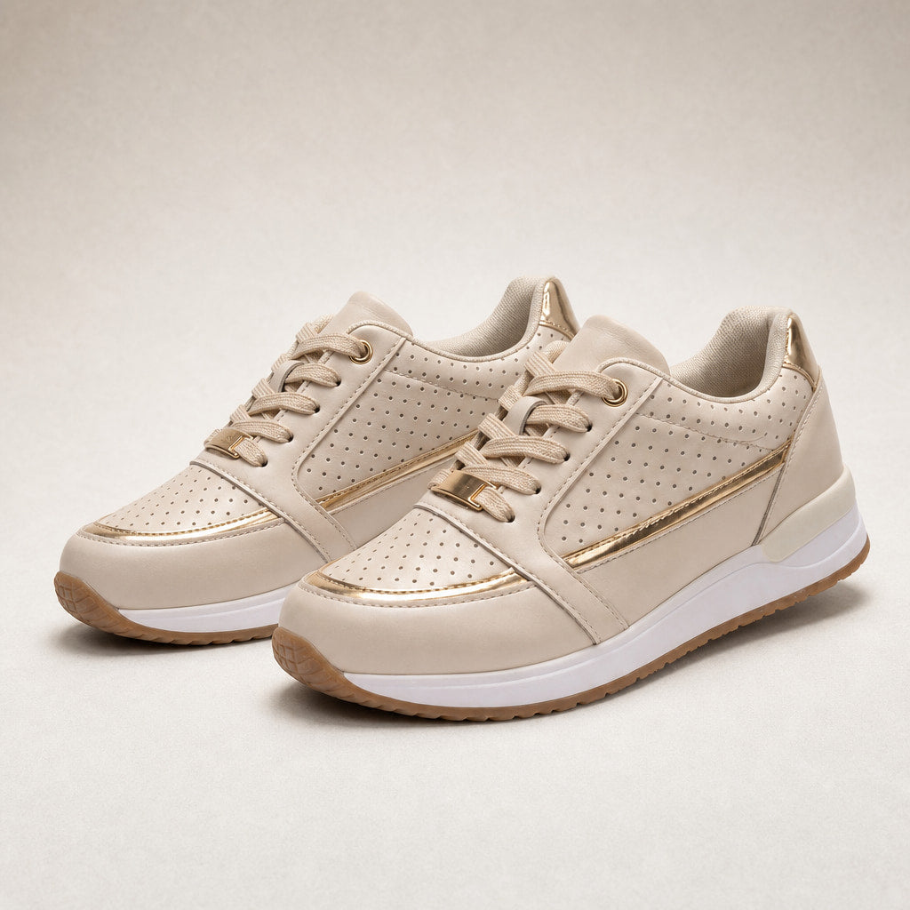 Perforated Metallic Trim Low-top Walking Sneakers For Women Beige – Product Photo