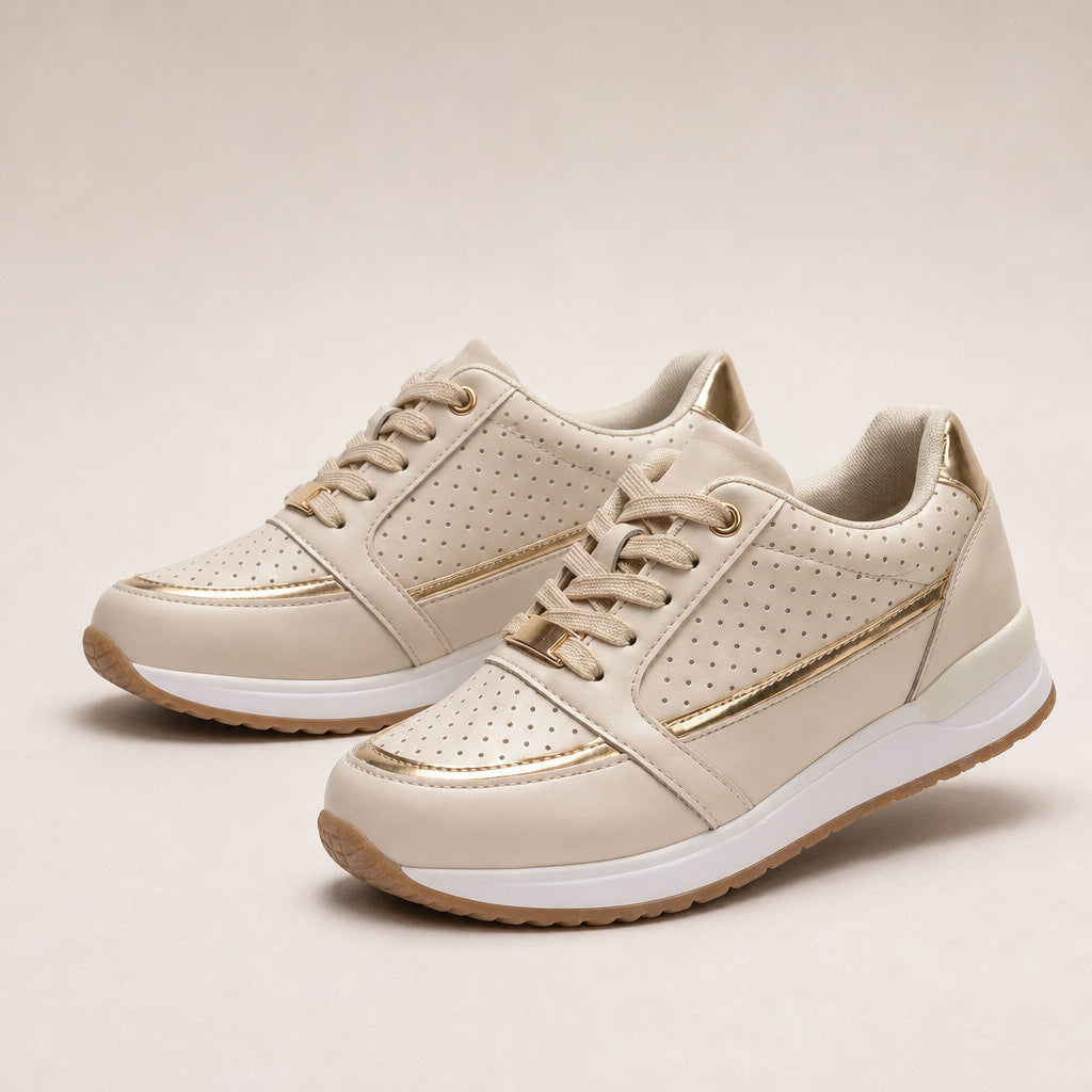 Perforated Metallic Trim Low-top Walking Sneakers For Women in Beige – Mampierimoda Premium Womenswear