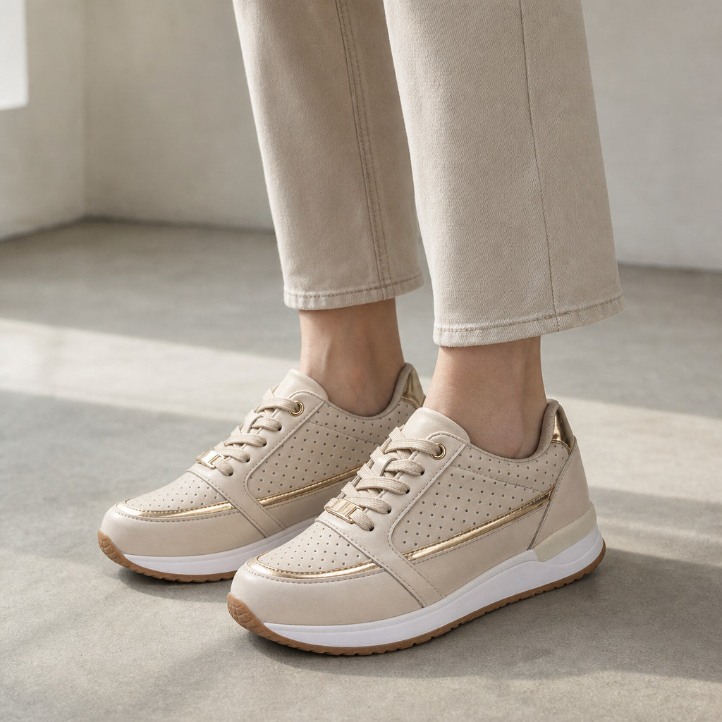 Perforated Metallic Trim Low-top Walking Sneakers For Women Beige – Styled Editorial Shot, Detail