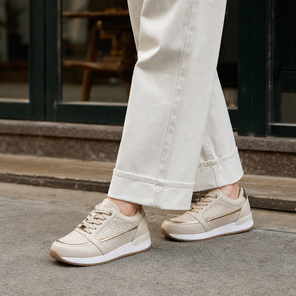 Perforated Metallic Trim Low-top Walking Sneakers For Women Beige – Styled Editorial Shot