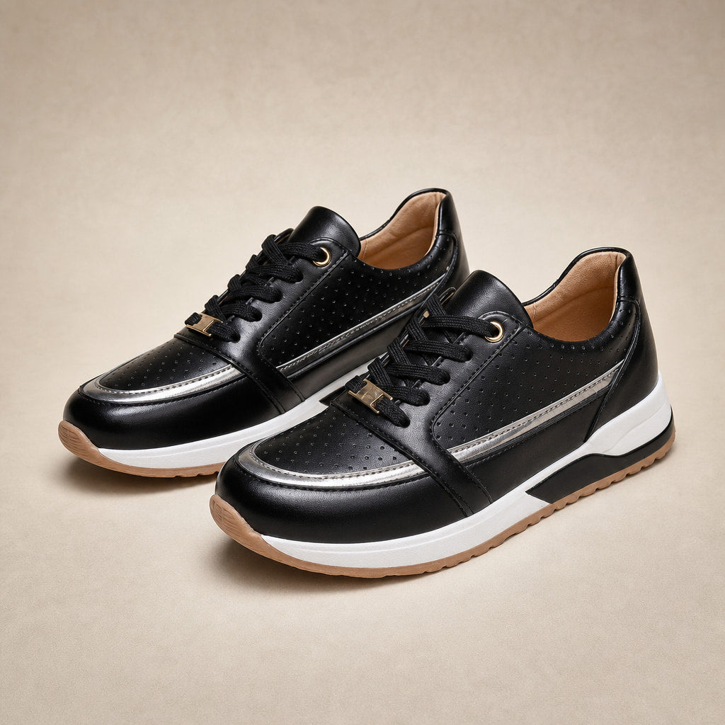 Perforated Metallic Trim Low-top Walking Sneakers For Women Black – Product Photo