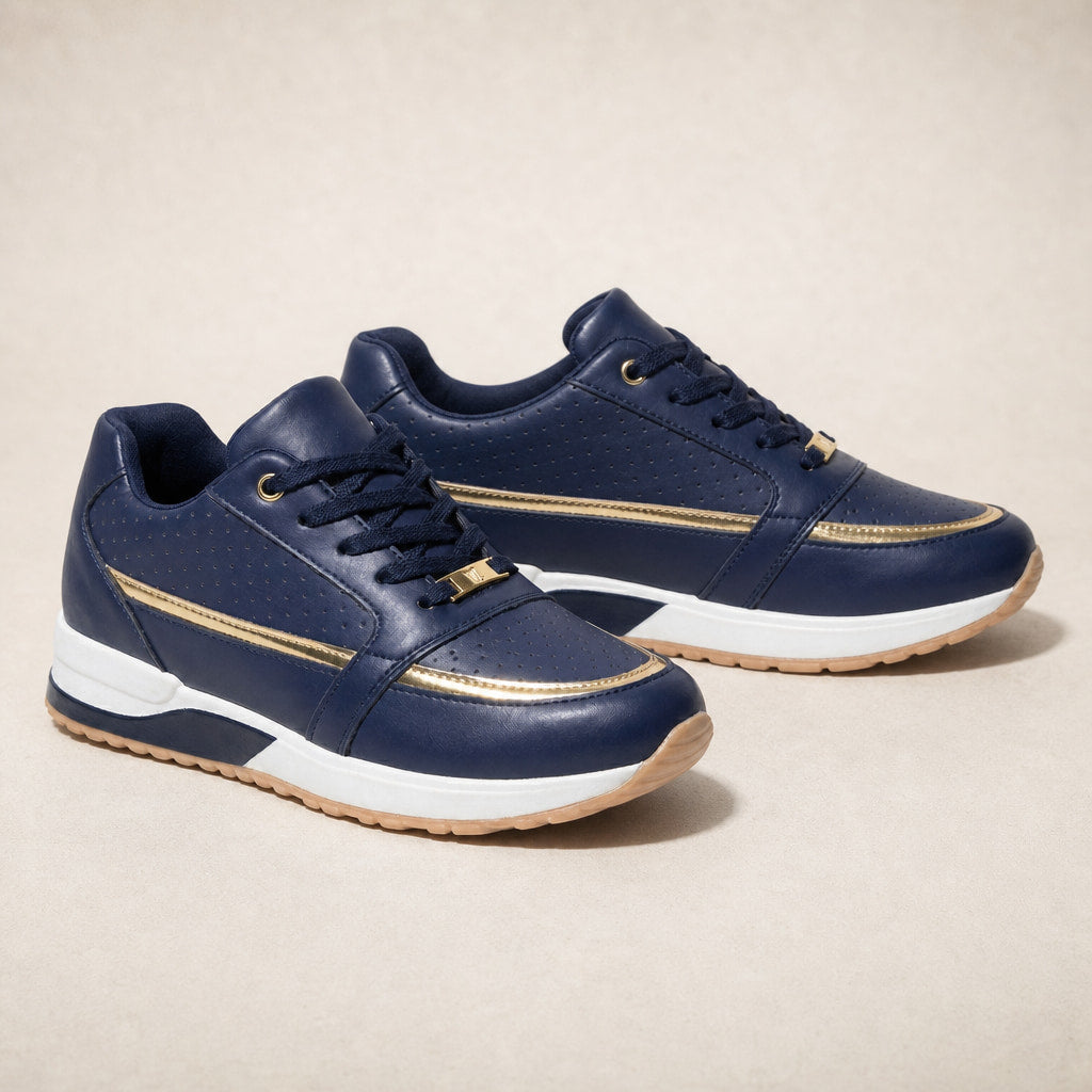 Perforated Metallic Trim Low-top Walking Sneakers For Women Navy Blue – Product Photo