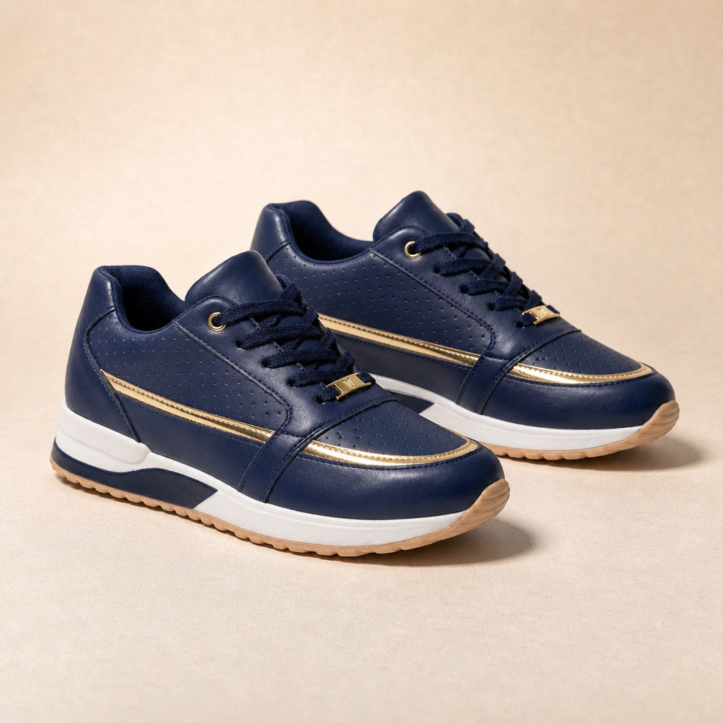 Perforated Metallic Trim Low-top Walking Sneakers For Women in Navy Blue – Mampierimoda Premium Womenswear