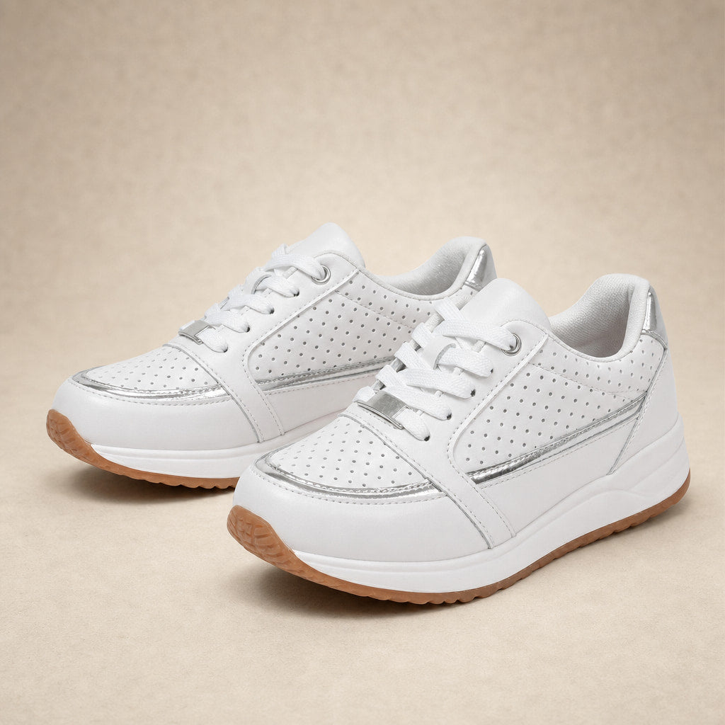 Perforated Metallic Trim Low-top Walking Sneakers For Women White – Product Photo