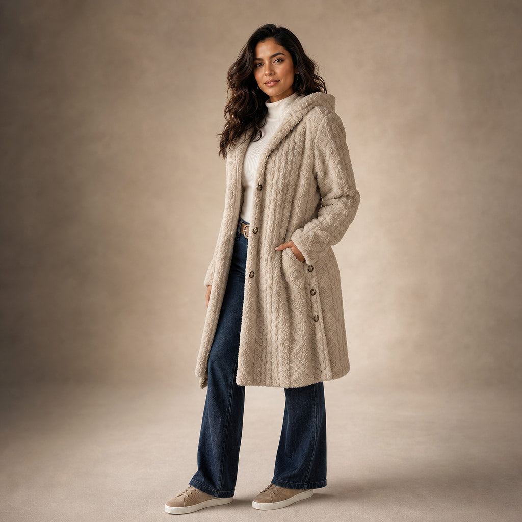 Plush Elegance Hooded  Coat For Women Beige – Side Angle View