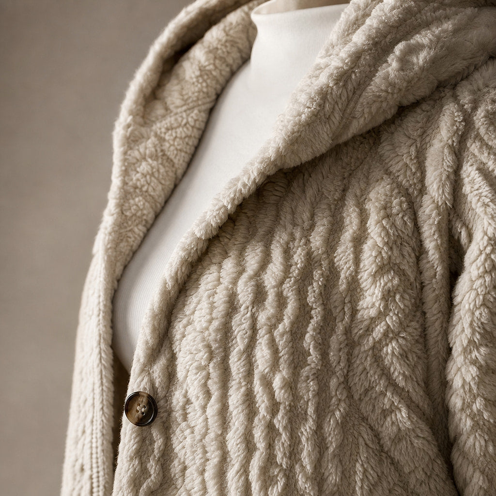 Plush Elegance Hooded  Coat For Women Beige – Fabric and Detail Close-Up