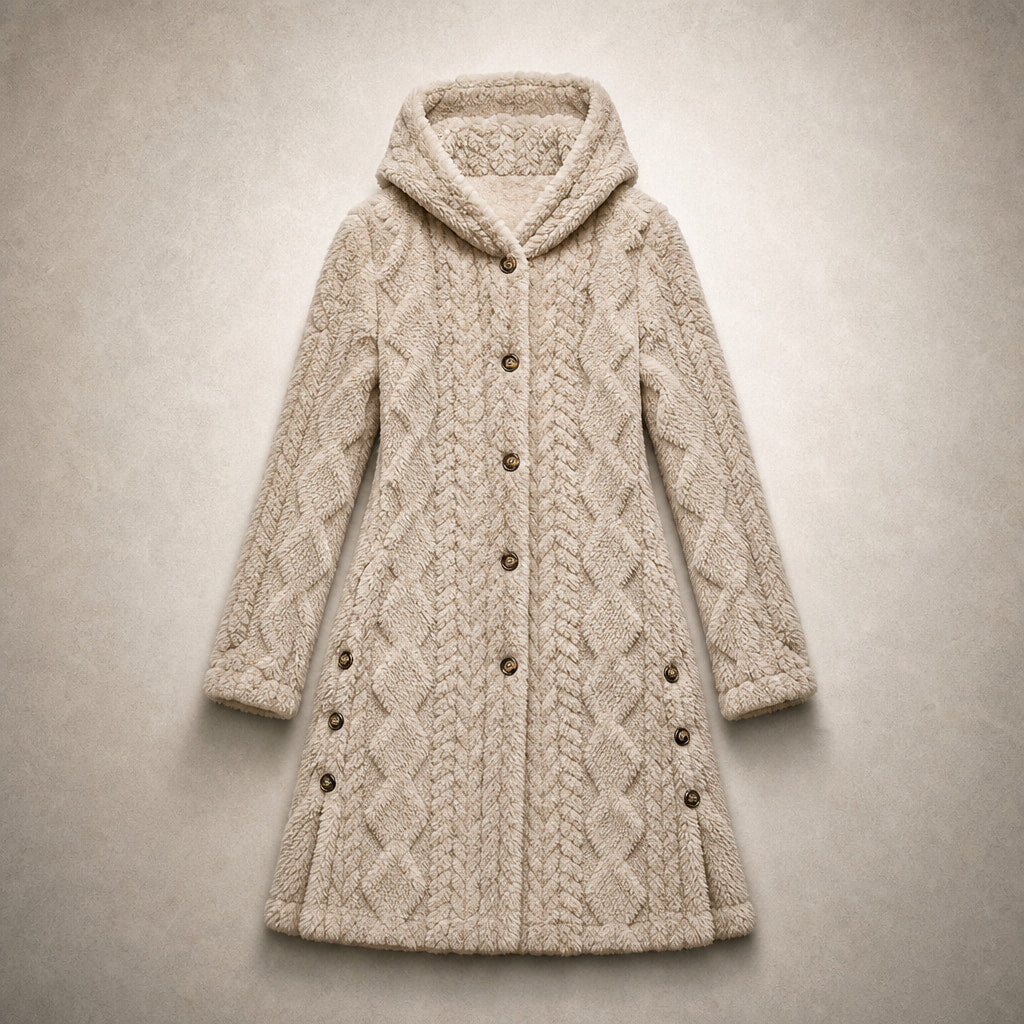 Plush Elegance Hooded  Coat For Women Beige – Flat Lay Product Photo
