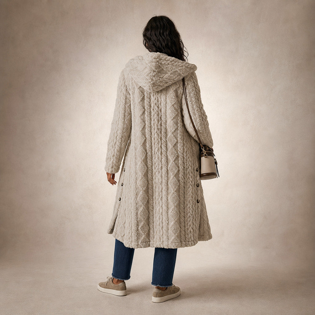 Plush Elegance Hooded  Coat For Women Beige – Full Look