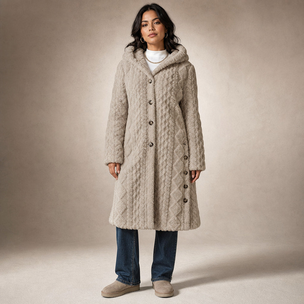 Plush Elegance Hooded  Coat For Women in Beige – Mampierimoda Premium Womenswear