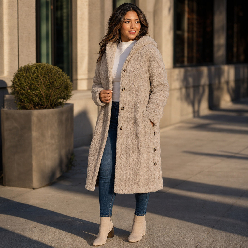 Plush Elegance Hooded  Coat For Women Beige – Styled Editorial Shot