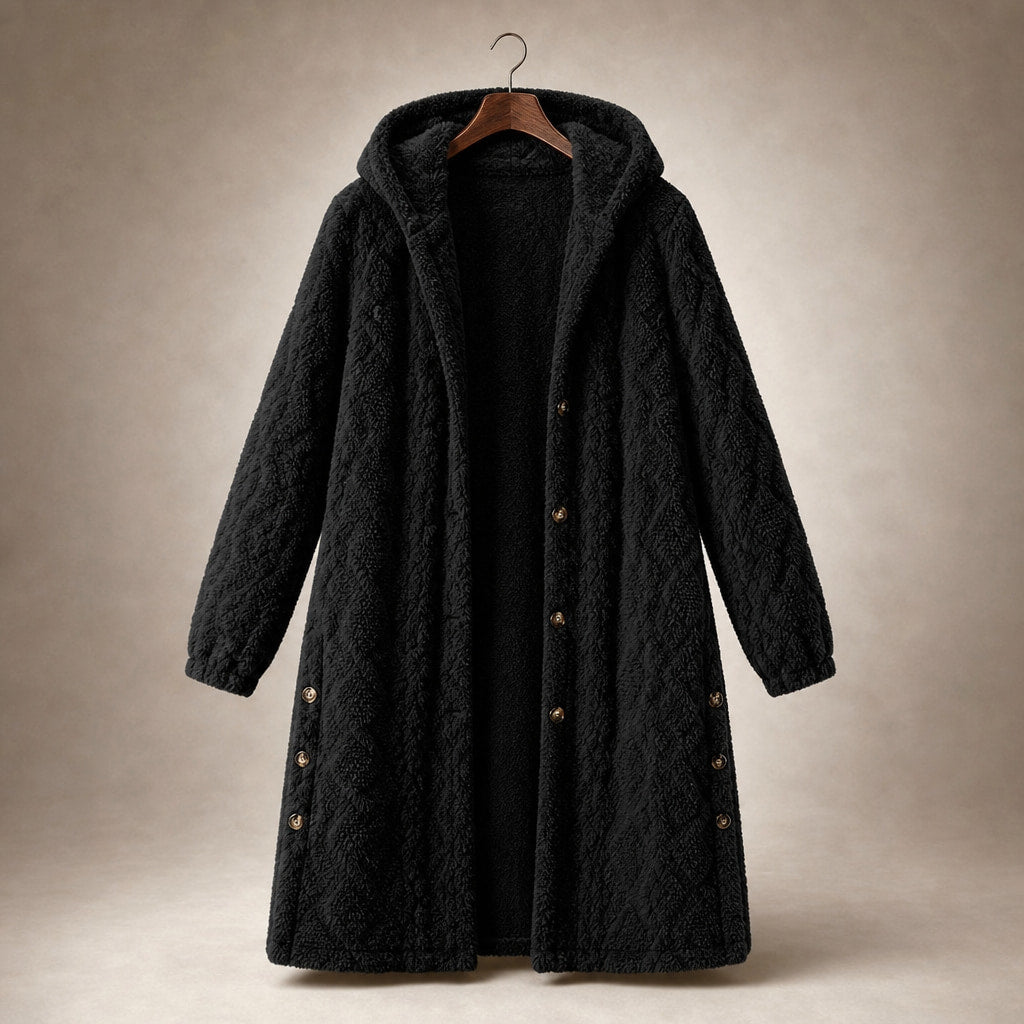 Plush Elegance Hooded  Coat For Women Black – Product Photo