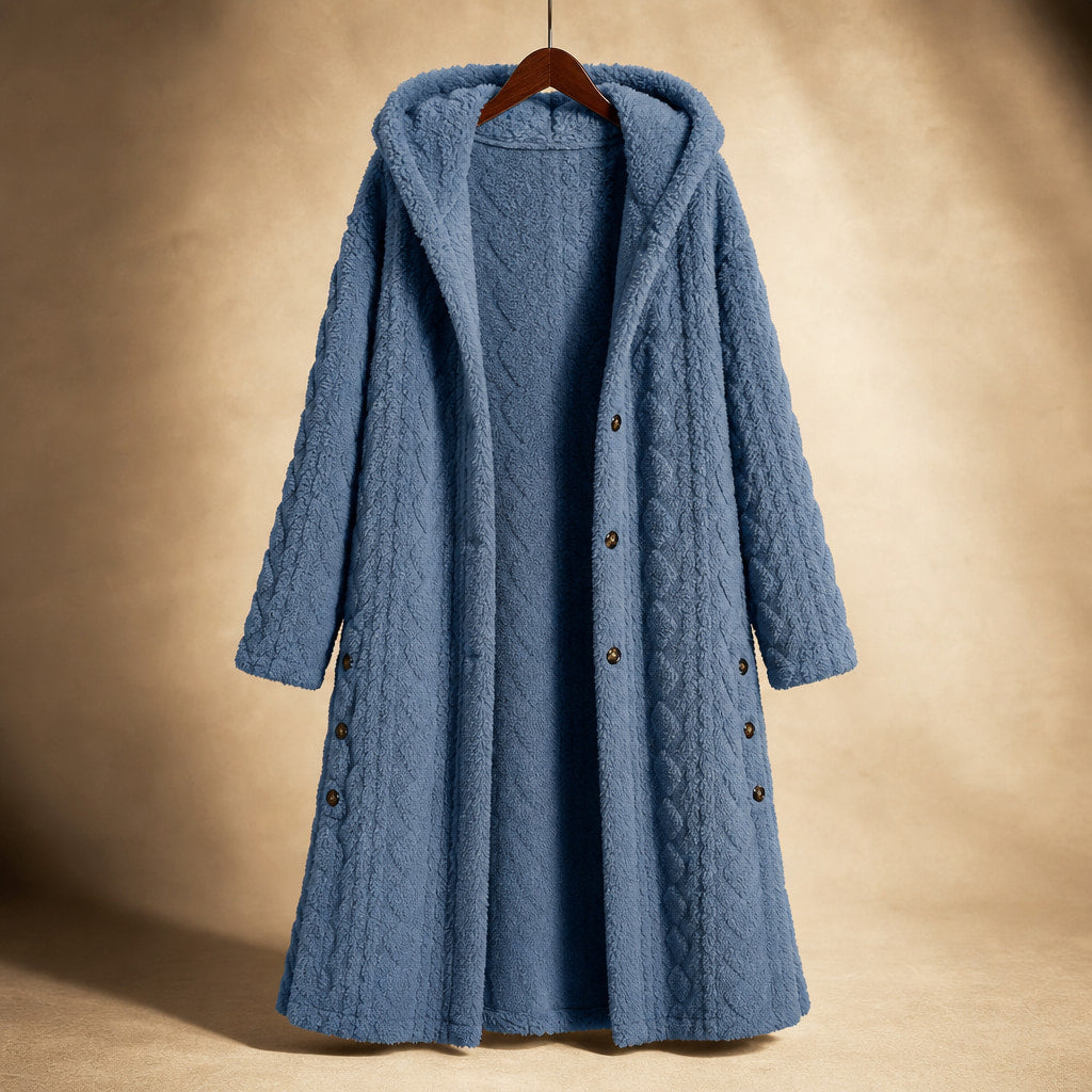 Plush Elegance Hooded  Coat For Women Denim Blue – Product Photo