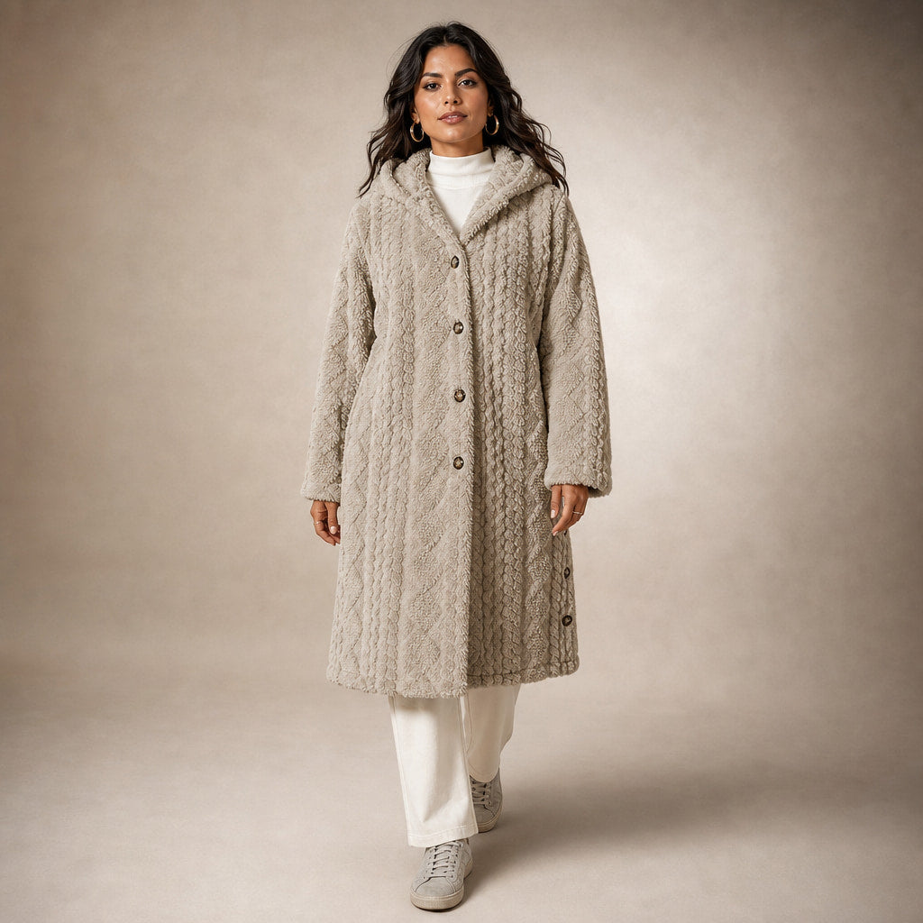 Plush Elegance Hooded  Coat For Women in Khaki – Mampierimoda Premium Womenswear