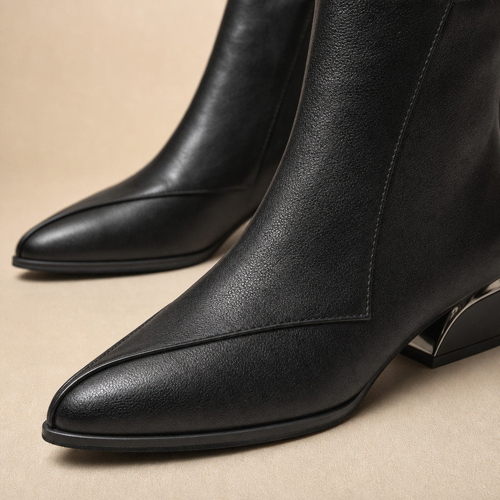 Pointed Toe Low Block Heel Ankle Boots For Women Black – Fabric and Detail Close-Up