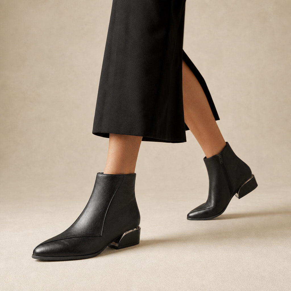 Pointed Toe Low Block Heel Ankle Boots For Women Black – Product Photo