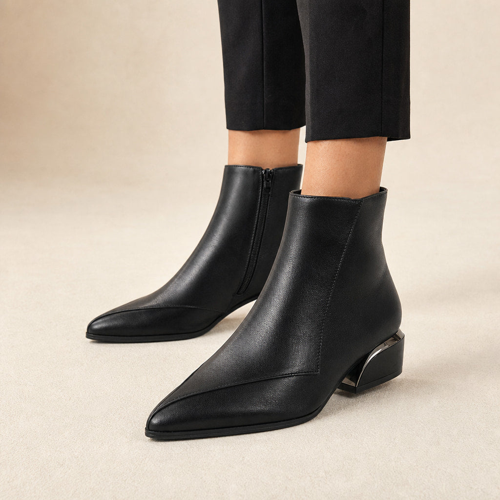 Pointed Toe Low Block Heel Ankle Boots For Women in Black – Mampierimoda Premium Womenswear