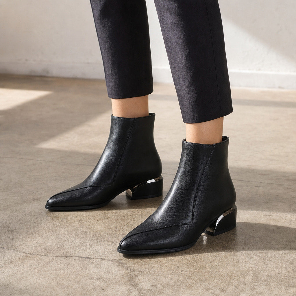 Pointed Toe Low Block Heel Ankle Boots For Women Black – Styled Editorial Shot, Detail