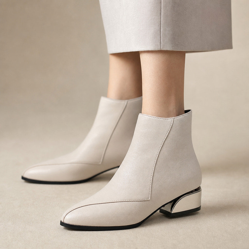 Pointed Toe Low Block Heel Ankle Boots For Women Ivory – Product Photo