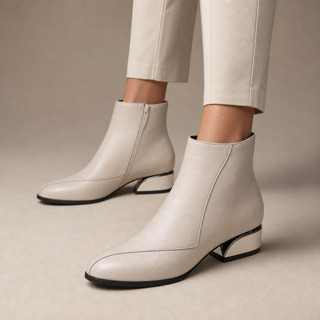 Pointed Toe Low Block Heel Ankle Boots For Women in Ivory – Mampierimoda Premium Womenswear
