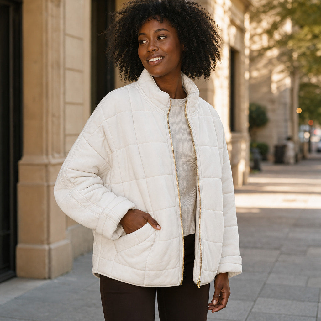Quilted Comfortable Jacket For Women White – Styled Editorial Shot