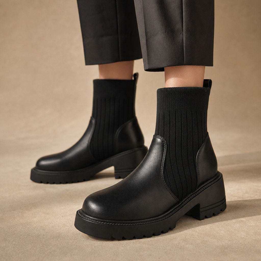 Ribbed Sock Chunky Block Heel Ankle Boots For Women Black – Product Photo