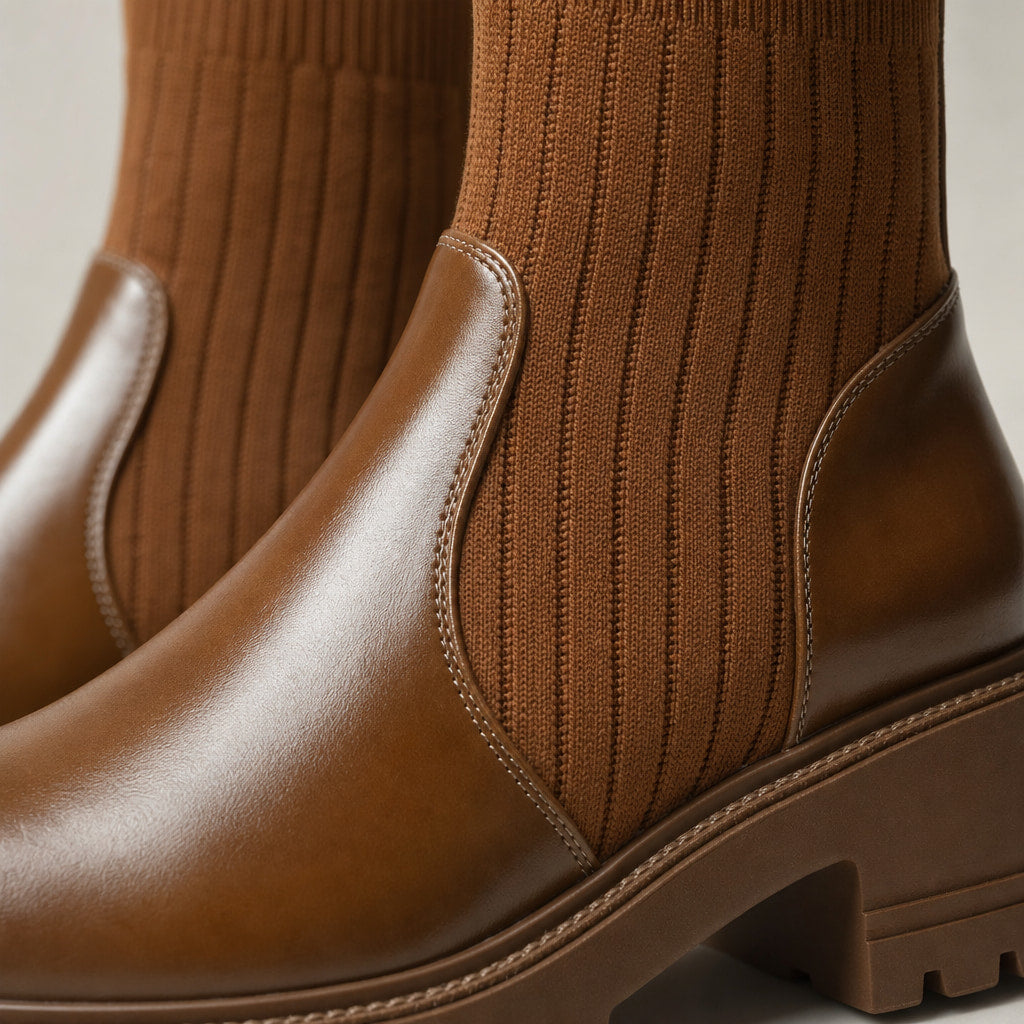 Ribbed Sock Chunky Block Heel Ankle Boots For Women Brown – Fabric and Detail Close-Up