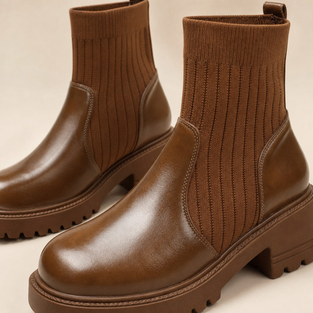 Ribbed Sock Chunky Block Heel Ankle Boots For Women Brown – Fabric and Detail Close-Up