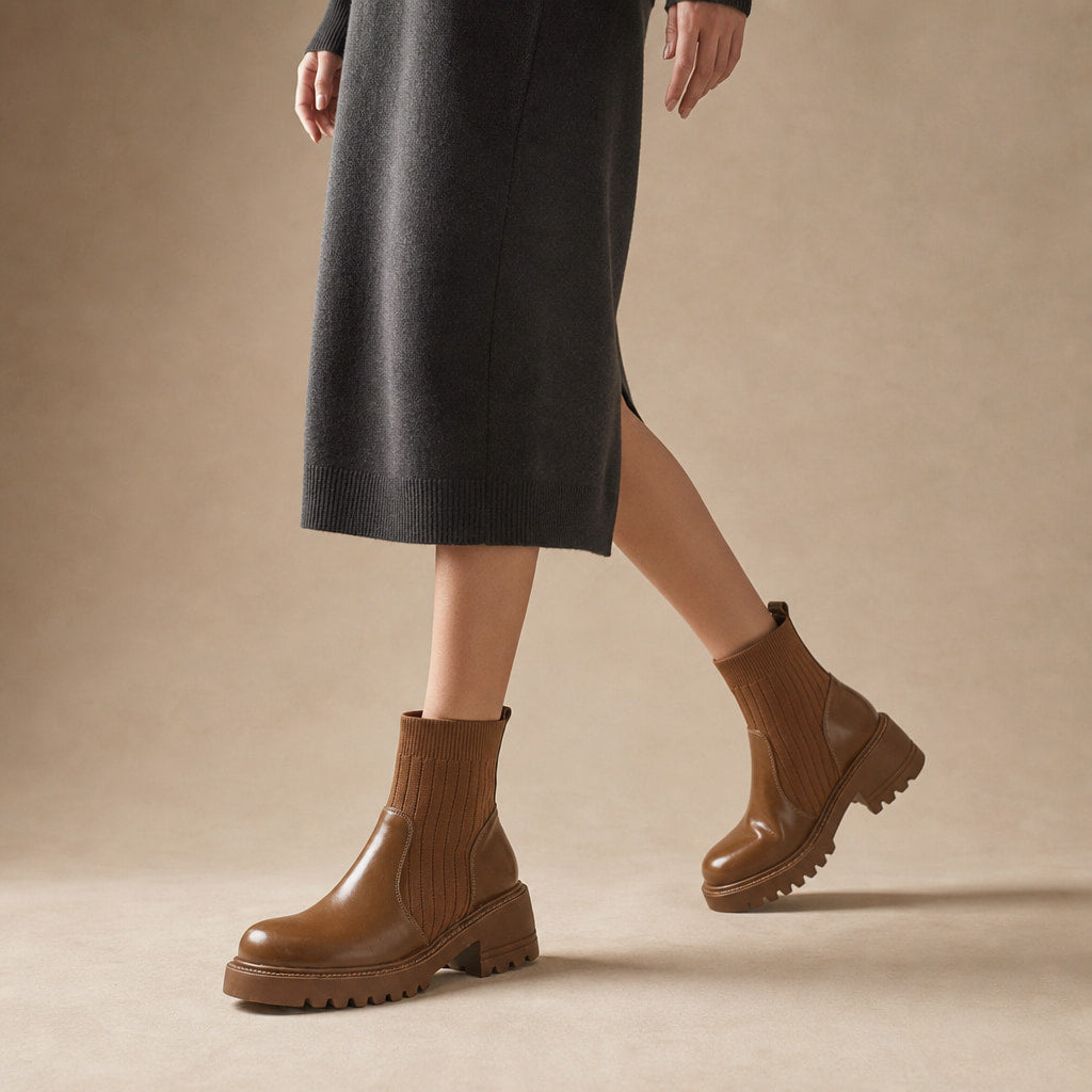 Ribbed Sock Chunky Block Heel Ankle Boots For Women Brown – Product Photo
