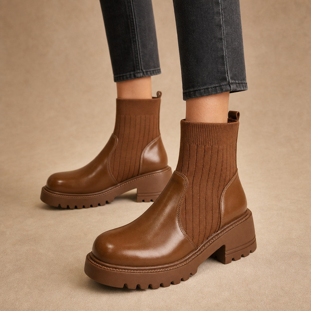 Ribbed Sock Chunky Block Heel Ankle Boots For Women in Brown – Mampierimoda Premium Womenswear