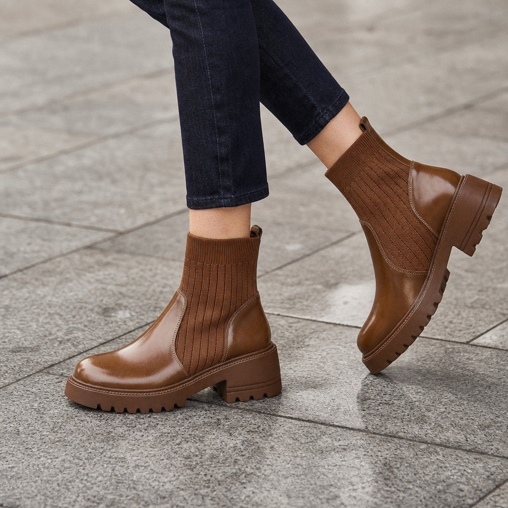 Ribbed Sock Chunky Block Heel Ankle Boots For Women Brown – Styled Editorial Shot