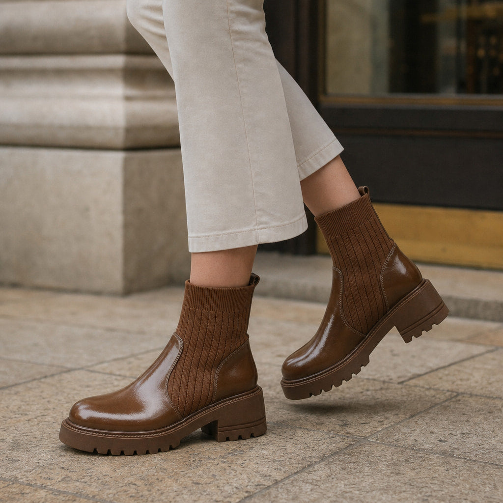 Ribbed Sock Chunky Block Heel Ankle Boots For Women Brown – Styled Editorial Shot