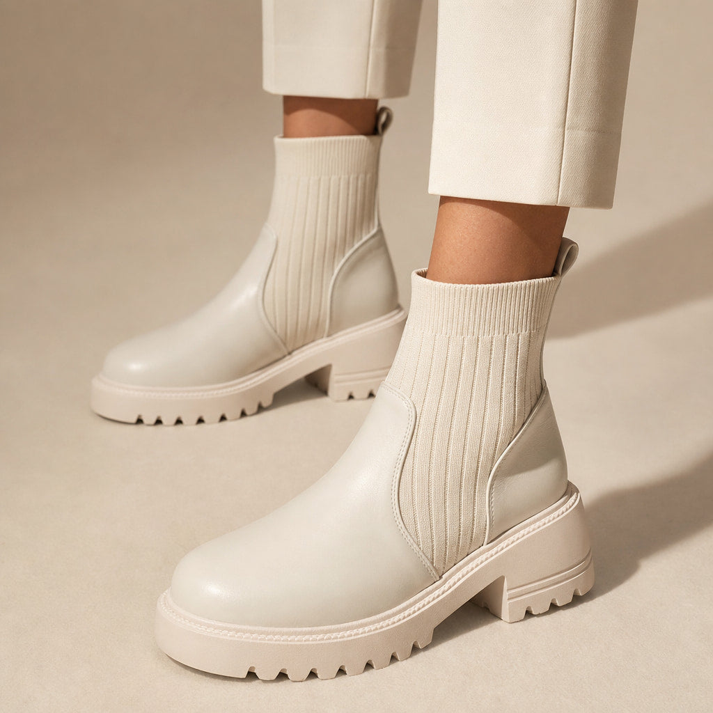 Ribbed Sock Chunky Block Heel Ankle Boots For Women Cream – Product Photo
