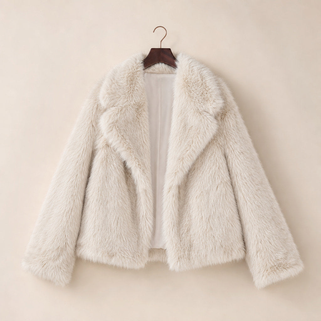 Shaggy Faux Fur Coat Luxury Oversized Winter Jacket Wide Lapel For Women Beige White – Product Photo