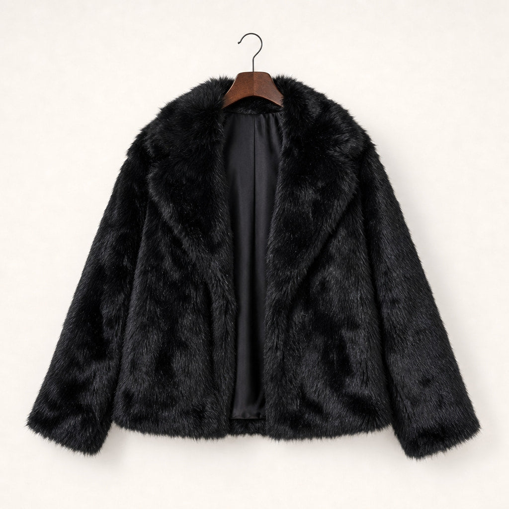 Shaggy Faux Fur Coat Luxury Oversized Winter Jacket Wide Lapel For Women Black – Product Photo