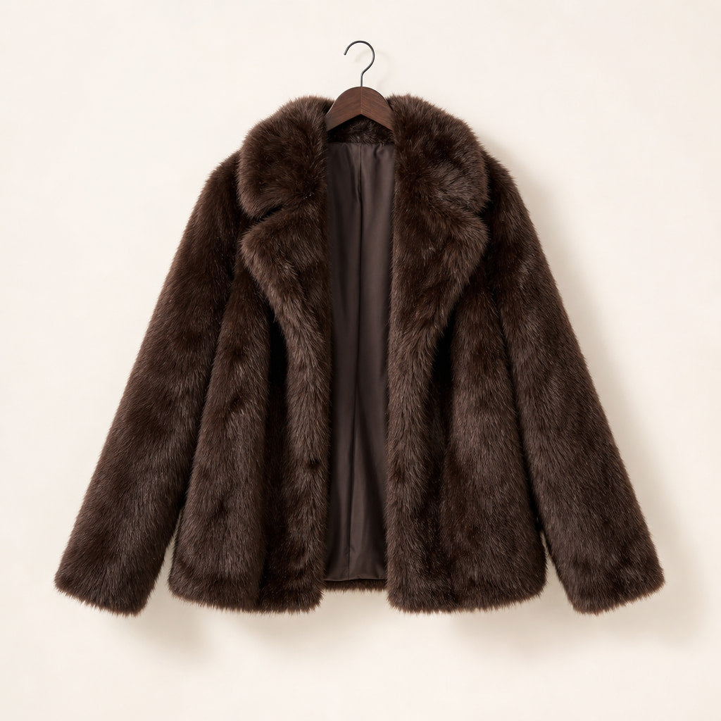 Shaggy Faux Fur Coat Luxury Oversized Winter Jacket Wide Lapel For Women Brown – Product Photo