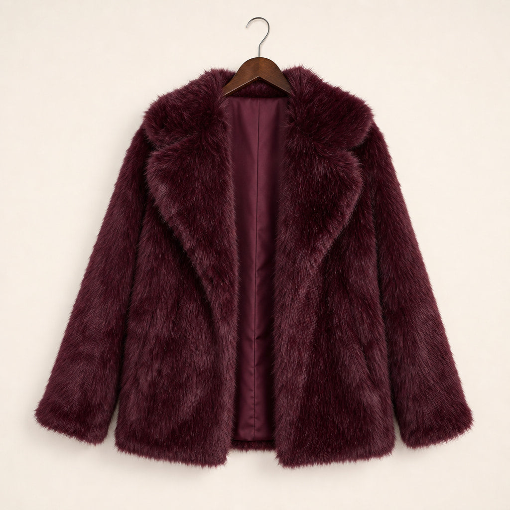 Shaggy Faux Fur Coat Luxury Oversized Winter Jacket Wide Lapel For Women Burgundy – Product Photo