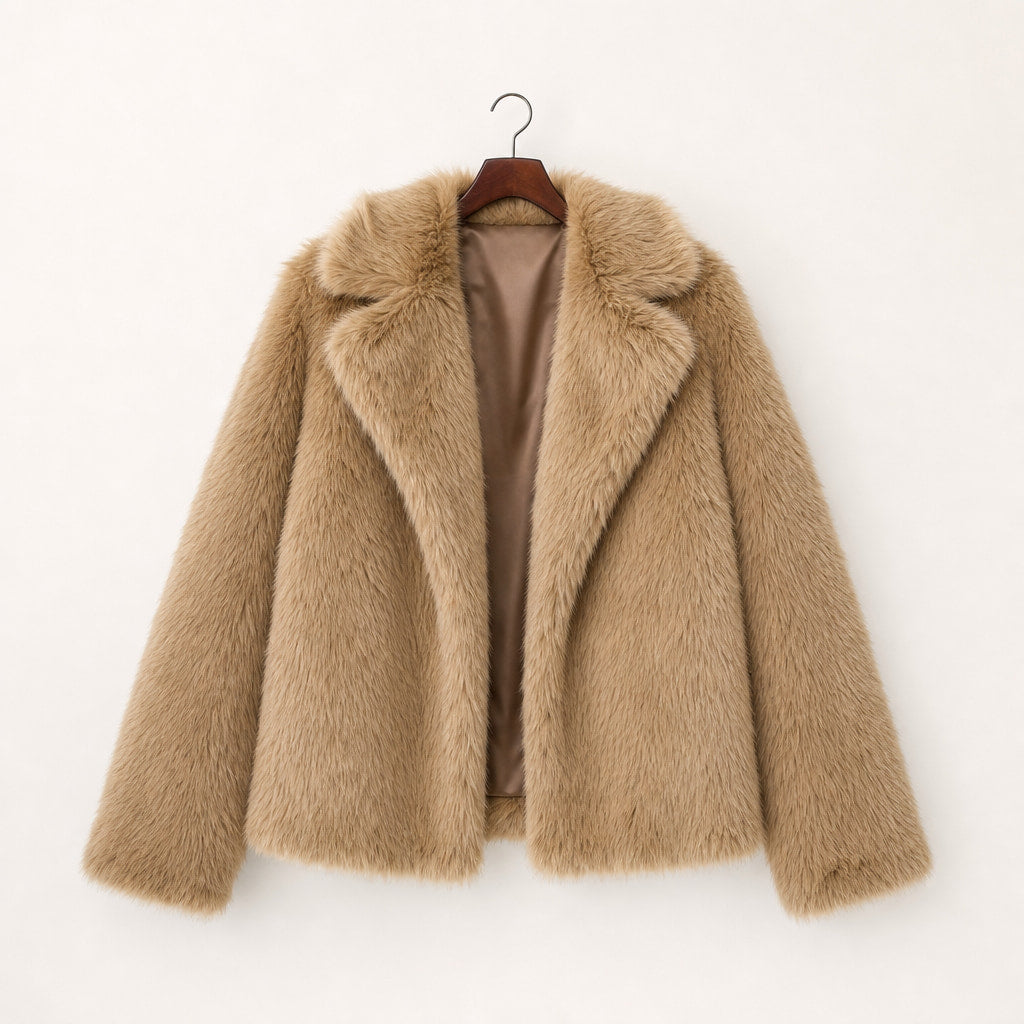 Shaggy Faux Fur Coat Luxury Oversized Winter Jacket Wide Lapel For Women Coffee – Product Photo