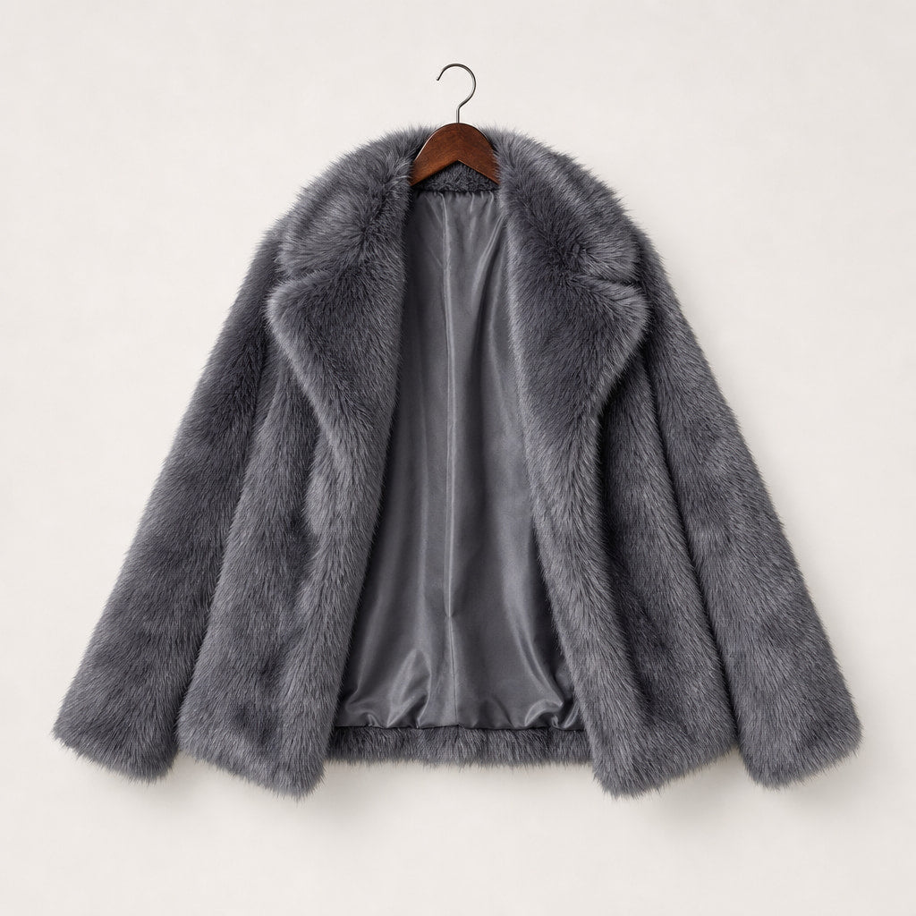 Shaggy Faux Fur Coat Luxury Oversized Winter Jacket Wide Lapel For Women Grey – Product Photo