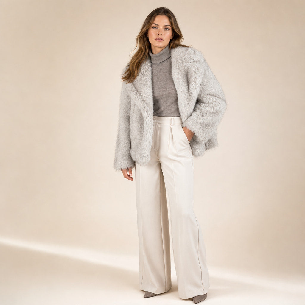 Shaggy Faux Fur Coat Luxury Oversized Winter Jacket Wide Lapel For Women Rice Grey – Side Angle View