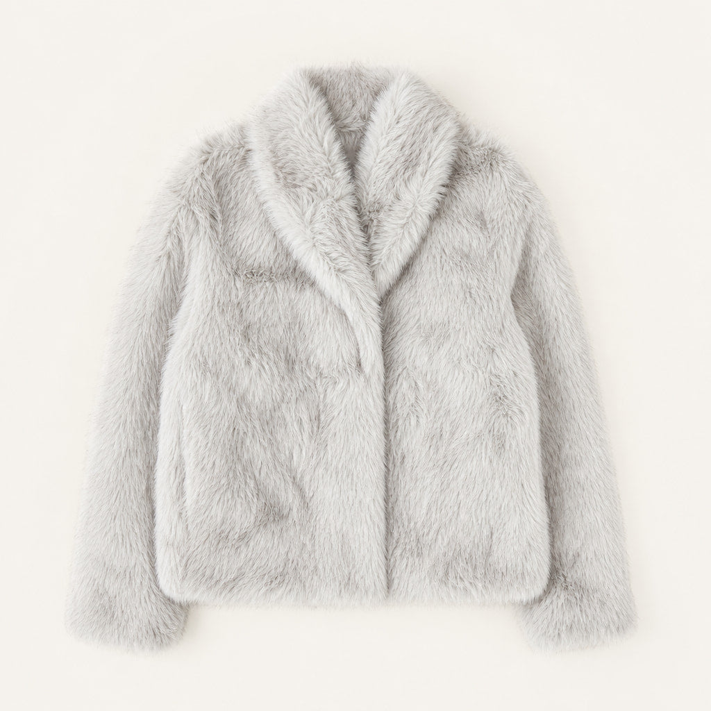 Shaggy Faux Fur Coat Luxury Oversized Winter Jacket Wide Lapel For Women Rice Grey – Flat Lay Product Photo