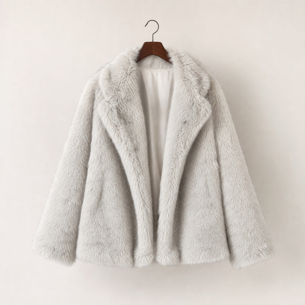 Shaggy Faux Fur Coat Luxury Oversized Winter Jacket Wide Lapel For Women Rice Grey – Product Photo