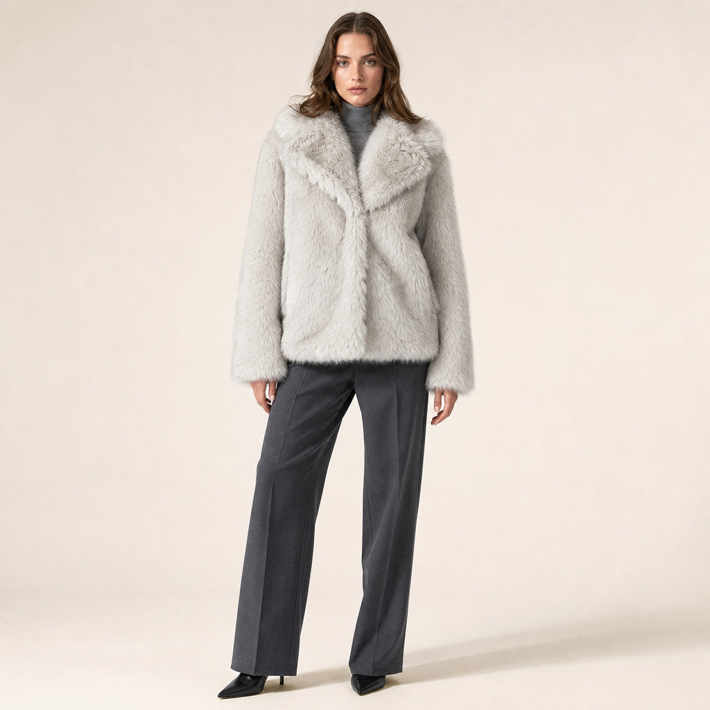 Shaggy Faux Fur Coat Luxury Oversized Winter Jacket Wide Lapel For Women in Rice Grey – Mampierimoda Premium Womenswear