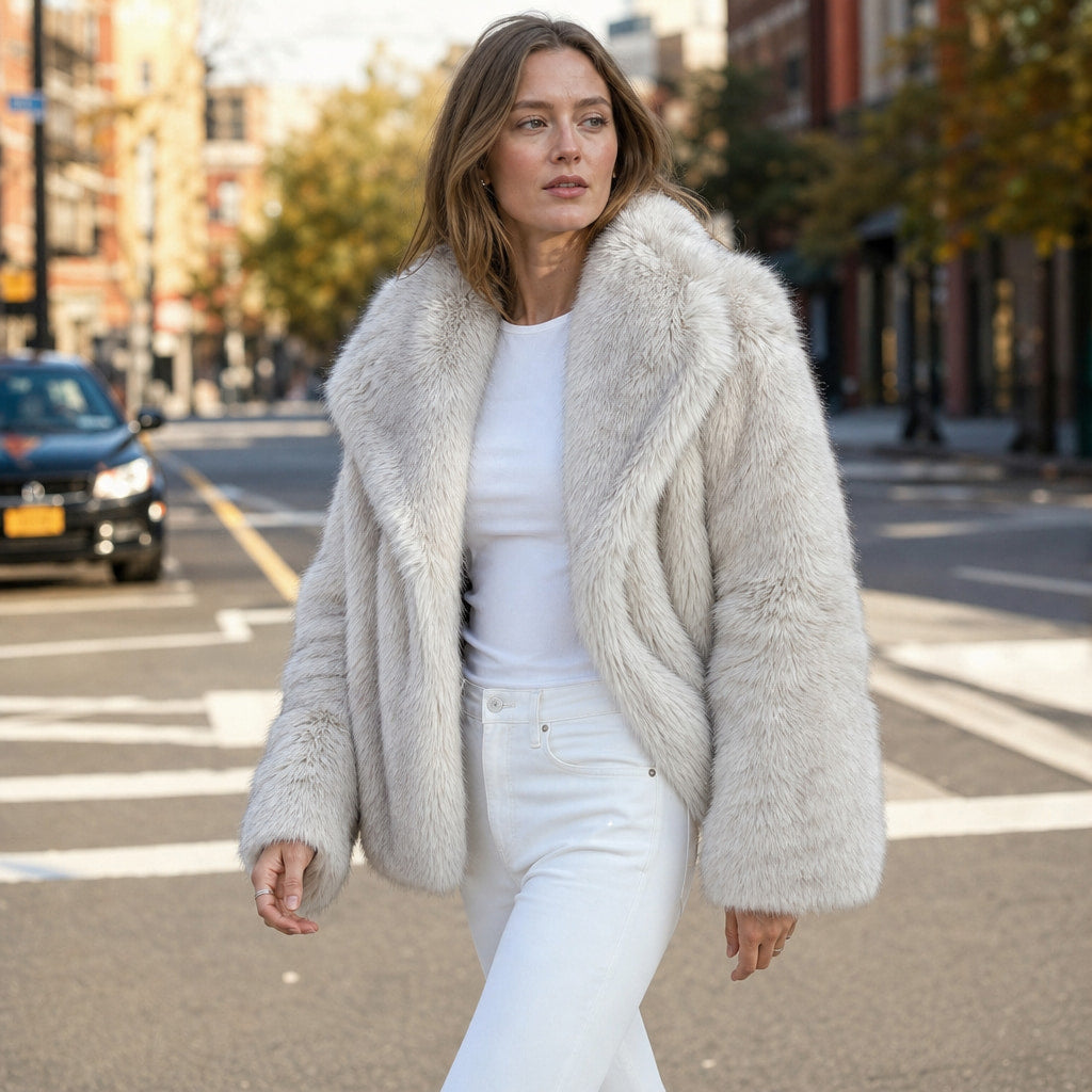 Shaggy Faux Fur Coat Luxury Oversized Winter Jacket Wide Lapel For Women Rice Grey – Styled Editorial Shot