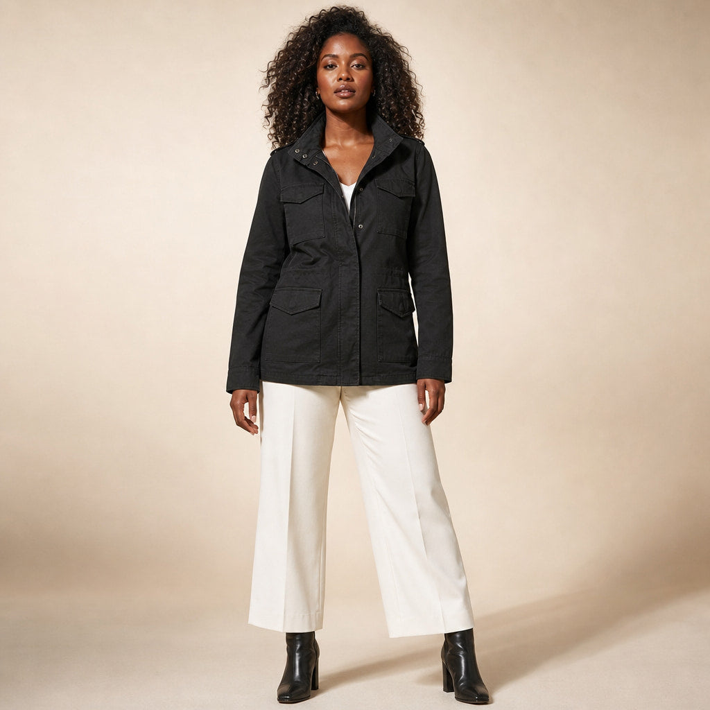Utility Jacket with Waist Detail and Flap Pockets For Women in Black – Mampierimoda Premium Womenswear
