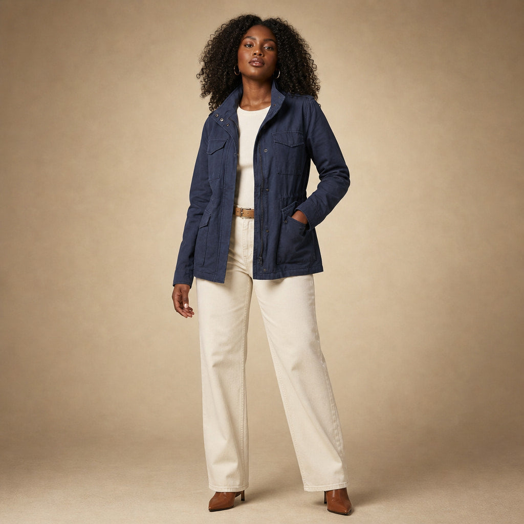 Utility Jacket with Waist Detail and Flap Pockets For Women Blue – Side Angle View
