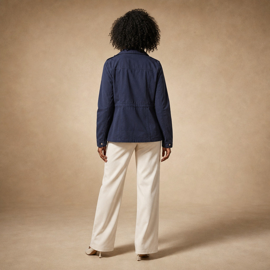Utility Jacket with Waist Detail and Flap Pockets For Women Blue – Full Look