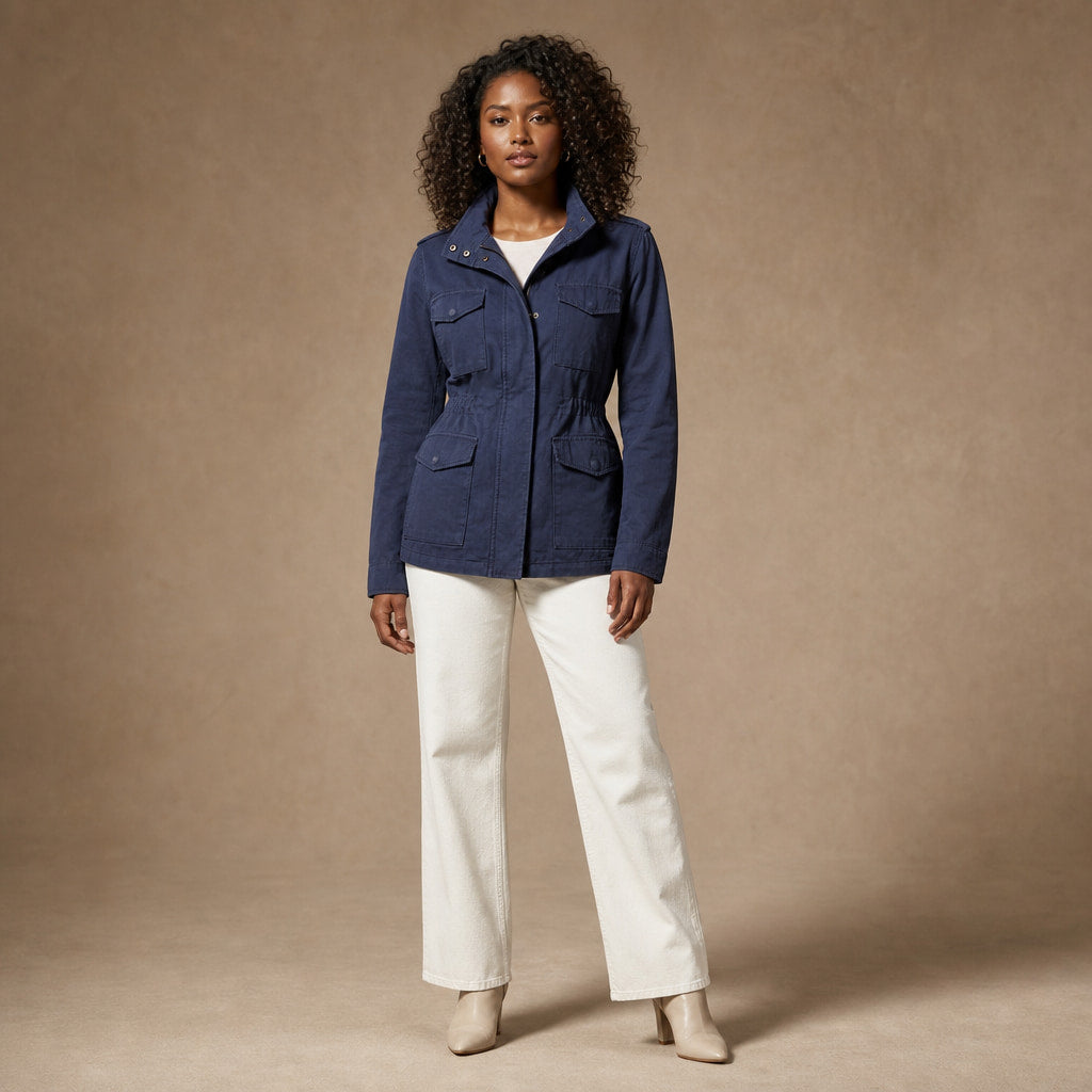 Utility Jacket with Waist Detail and Flap Pockets For Women in Blue – Mampierimoda Premium Womenswear