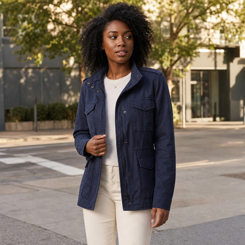 Utility Jacket with Waist Detail and Flap Pockets For Women Blue – Styled Editorial Shot